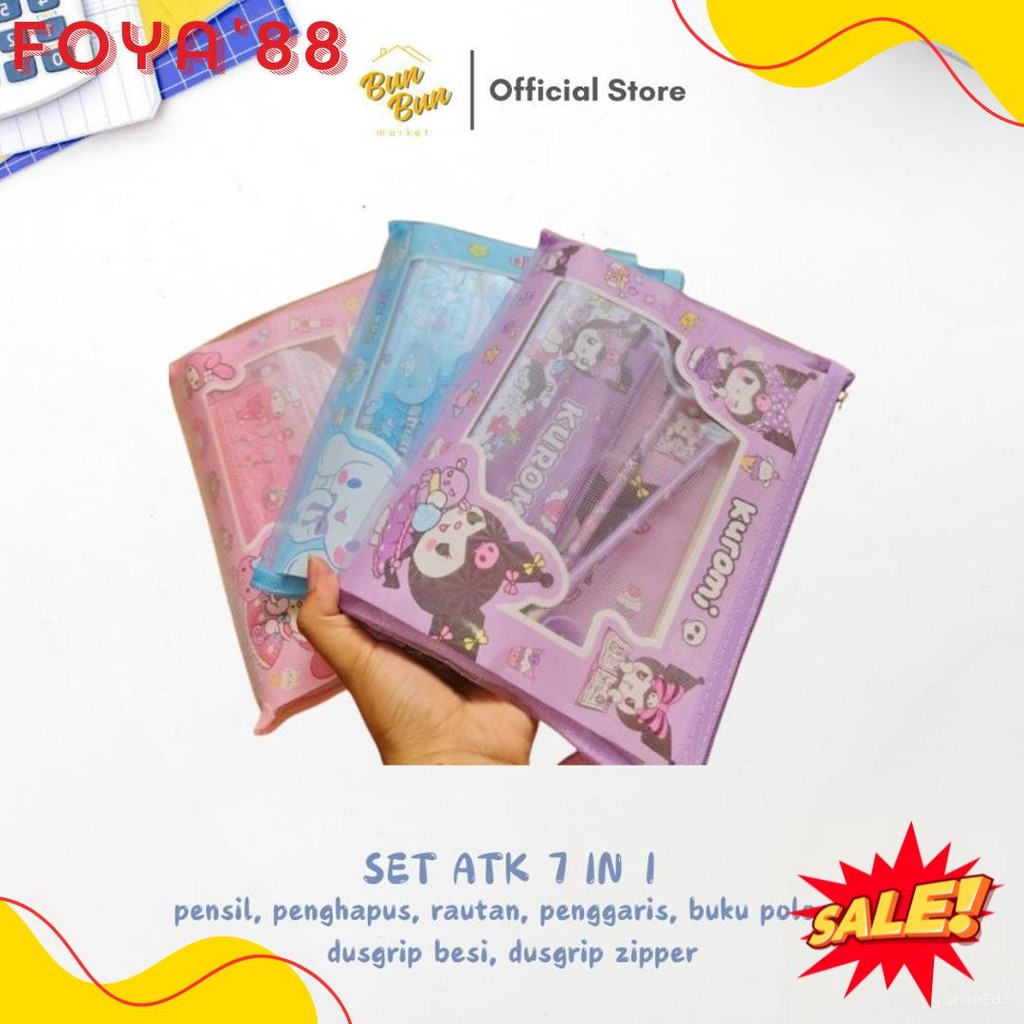7 In 1 ชุด / ชุดเครื่องเขียนสําหรับเด็กขนาดใหญ่ Boxgrip Zipper Sanrio เครื่องเขียนตัวละคร Kuromi Atk