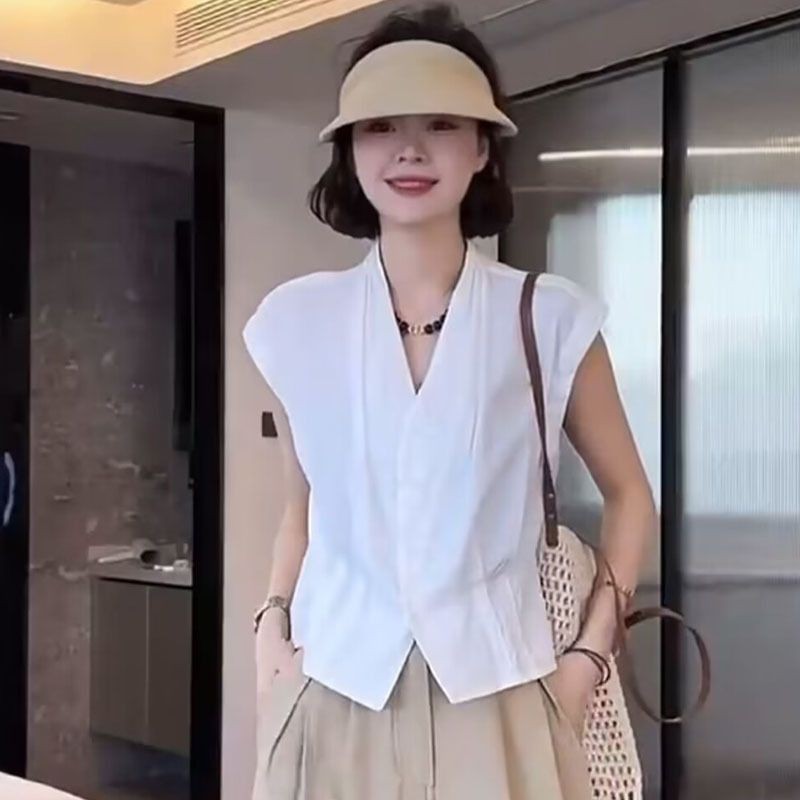 KEMEJA Womens Summer New French Style Unique Chic V Collar Shirt