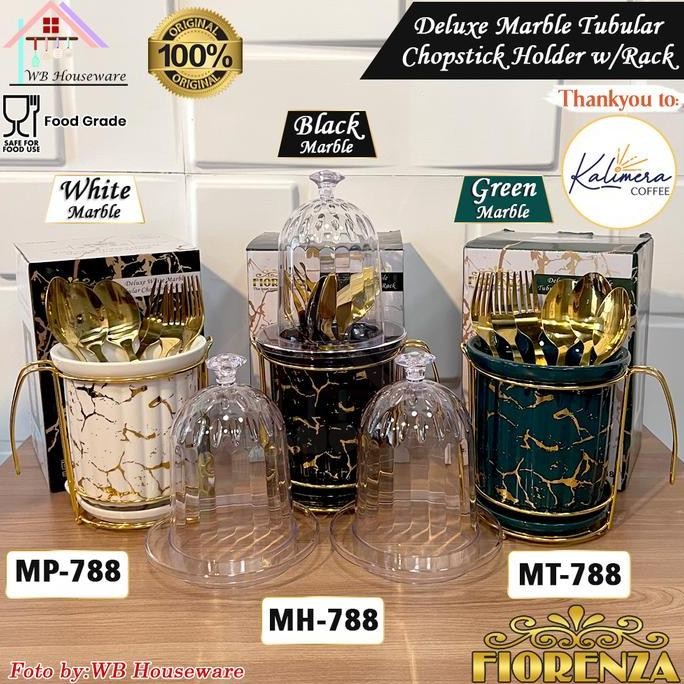 Fiorenza เซรามิคช้อนส้อมชุด Marble Series Motif + ฝาปิด / Duluxe Tubular Chopstick Holder With Rack/