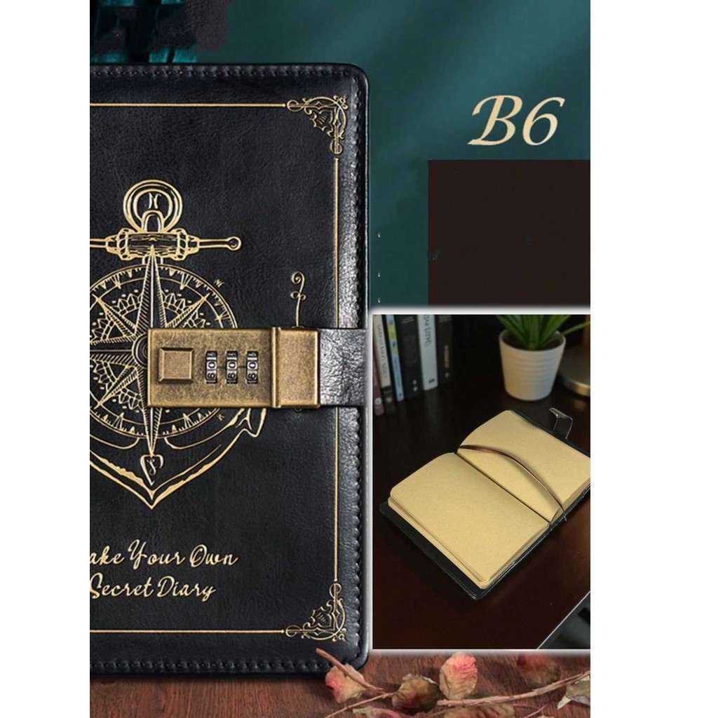 Vintage B6 Leather Journal Book 200 หน้า Grid มีตัวล็อค - INU148