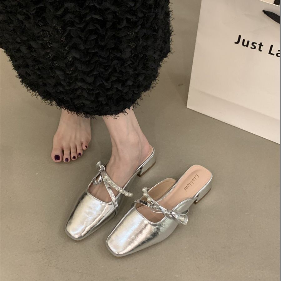 Earth Walk Pull Factory French Temperament Womens Summer Pearl Silver Shoes