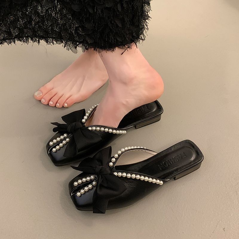 Earth Walk Pull Factory Summer Soft Bow Pearl Flat Sandals