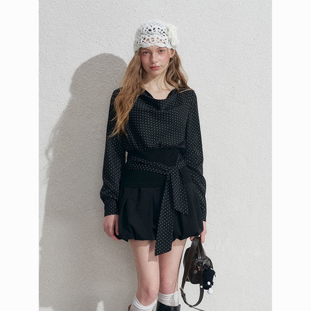 Verve ตู้เสื้อผ้าชุดกระโปรงสีดําแขนยาวลายจุดอารมณ์สไตล์เกาหลี