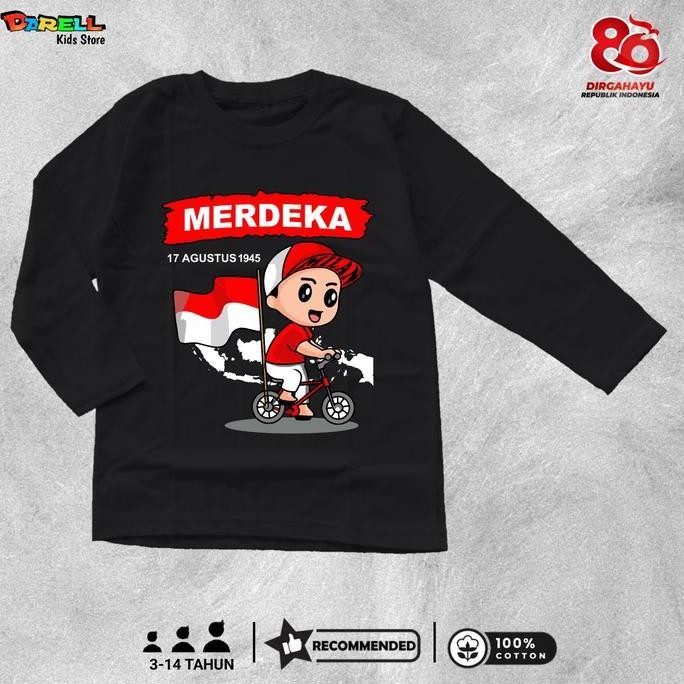 MERAH August 17th เสื้อยืดเด็กอายุ 3.5-14 ปีแขนยาว Premium Combed Cotton เสื้อยืดผู้ชาย - สีแดง 17 เ