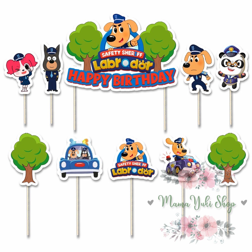 เค้ก Topper เค้กวันเกิดเด็กตกแต่งความปลอดภัย SHERIFF LABRADOR BABY BUS POLICE motif