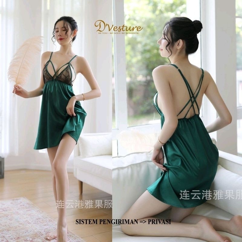 [SDW] pekanbaru/เซ็กซี่ชุดชั้นในชุดฟรีขนาด D-17 ชุดซาติน Double Cross Tie V คอชุดนอนสตรียาว Night Se