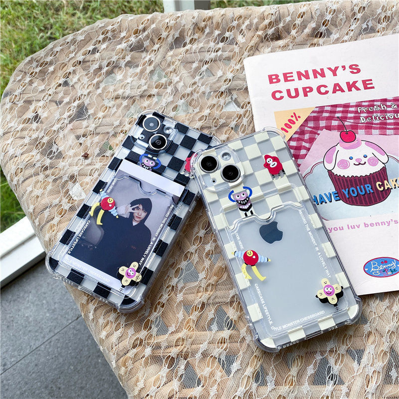 Monster Lattice Retro Card Holder Soft Case Hp Iphone 17 Air 16e 13 Pro Max 16 Pro Max Xr 15 Plus Se