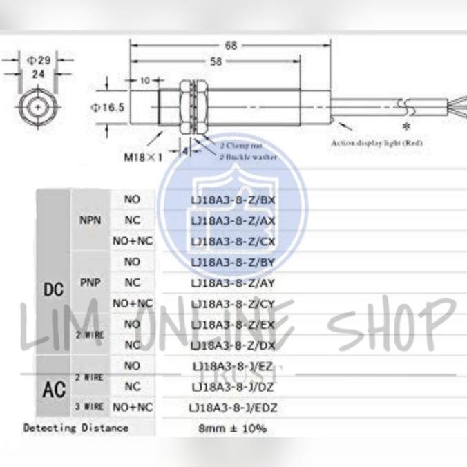 เซ็นเซอร์ PROXIMITY LJ18A3-8-J/EZ ไม่มีอุปนัย 2 สาย AC TYPE