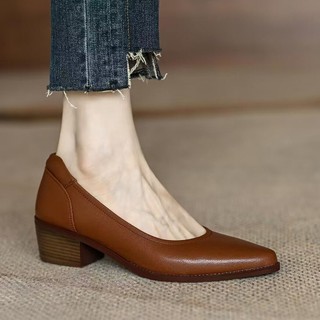 Slip-on Low Mouth Pumps French Retro Pointed Small Soft Leather Chunky Heel Shoes