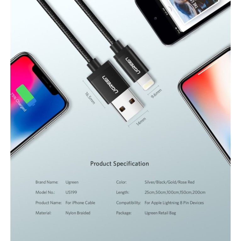 Ugreen สายชาร์จ Usb Type A To Lightning 1M 150Cm 2M Nylon Iphone