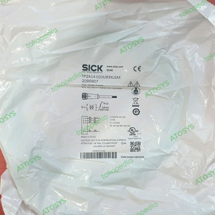 สายเคียว Conn Yf2A14-020Ub3Xleax Halogen Free M12X4-Pin, 2Mtr