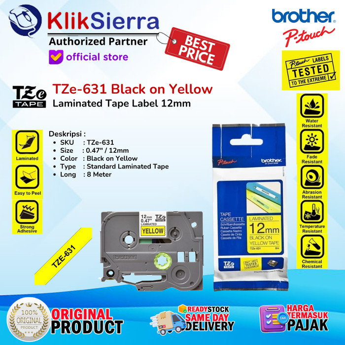 NEW BROTHER TZe-631 12mm PTouch Tape Label TZe631 สีดําบนเหลือง