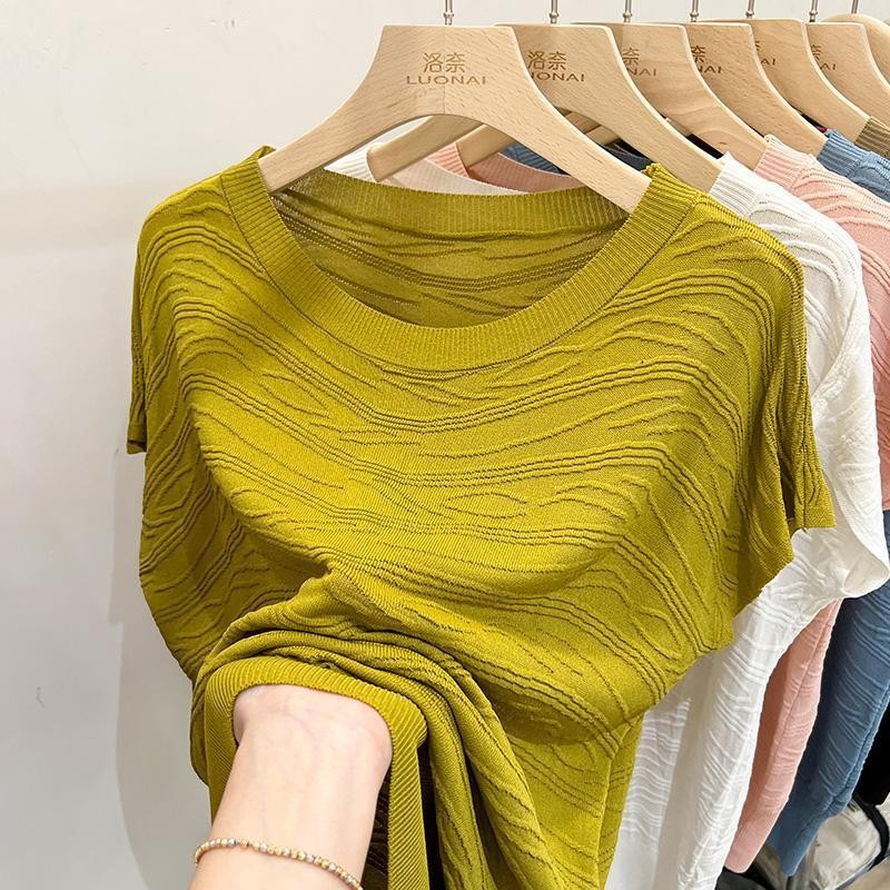 ฤดูร้อนใหม่ผ้าไหมน้ําแข็งครึ่งแขนเสื้อยืดผู้หญิงรอบคอด้ายหลวมSlimmingและAll-MatchingกลางAedแม่เสื้อผ