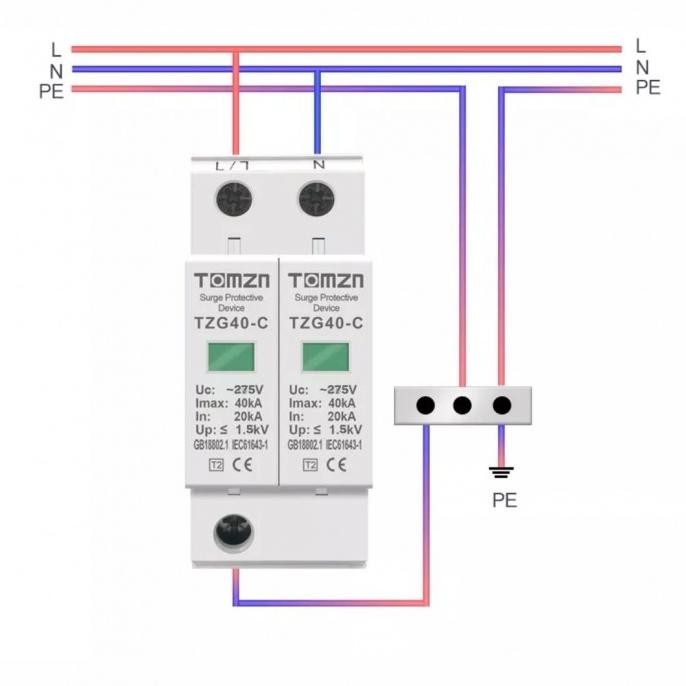 SPD AC 2P TOMZN TZG40-C 1 เฟส Surge Protector Home Arrester 220v