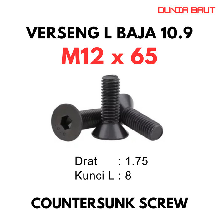 เหล็ก 10.9 Bolt JFL M12X65 / Bolt Verseng L 12X65 / Countersunk L M12 X 65 / 12 X 65 - Socket Counte