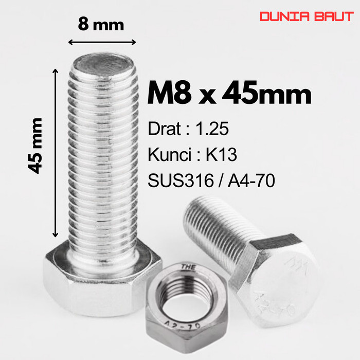 กลอนหกเหลี่ยมสแตนเลส SS316 M8X45 - กลอนหกเหลี่ยม 8X45 / M8 X 45 / 8 X 45 SUS316 / A4-70 ด้ายเต็ม