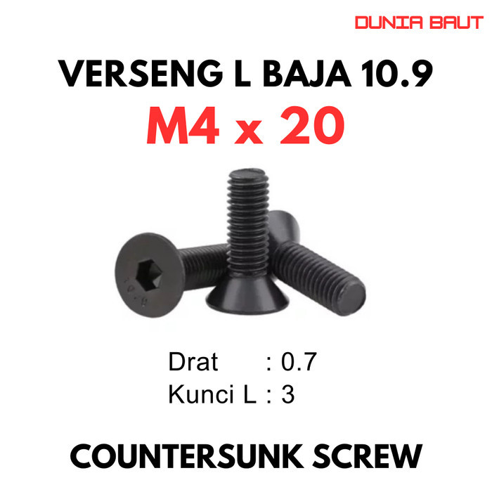 เหล็ก 10.9 Bolt JFL M4X20 / Bolt Verseng L 4X20 / Countersunk L M4 X 20 / 4 X 20 - Socket Countersun