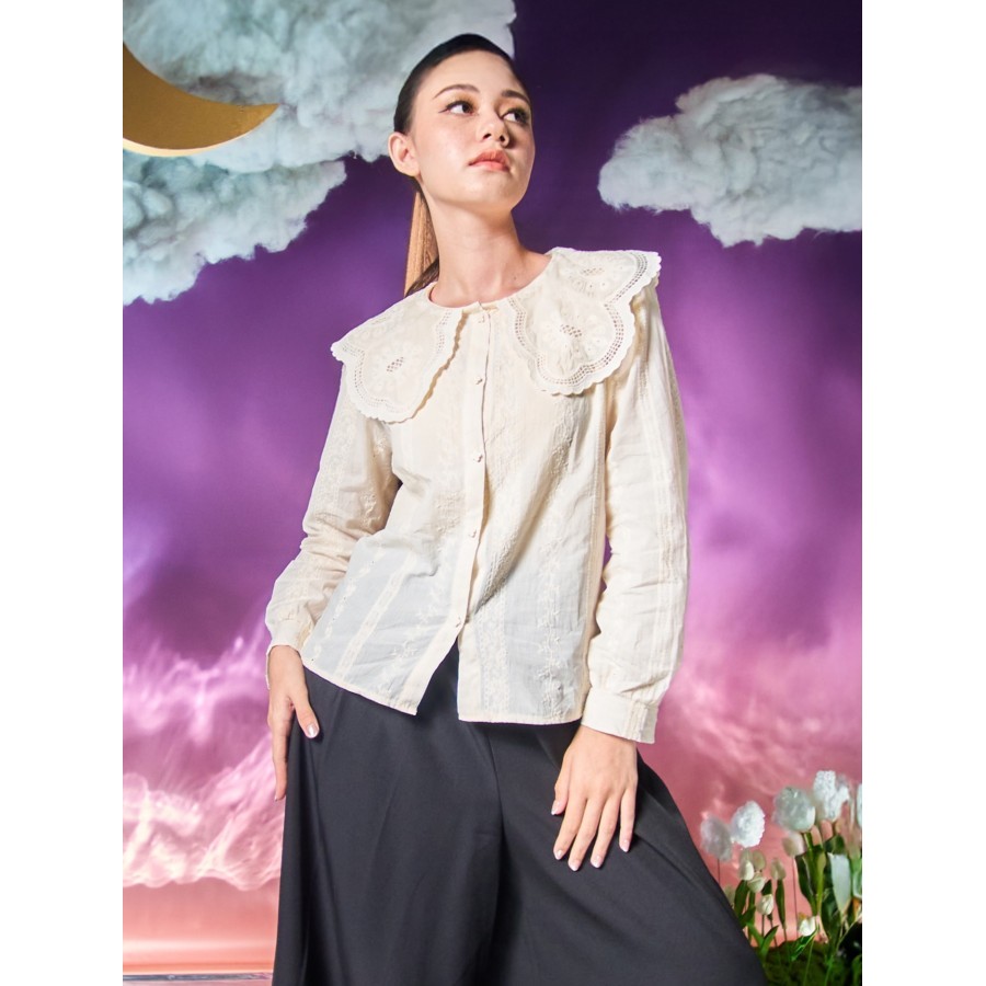 Wwwเย็บปักถักร้อยเสื้อคอปกกว้าง