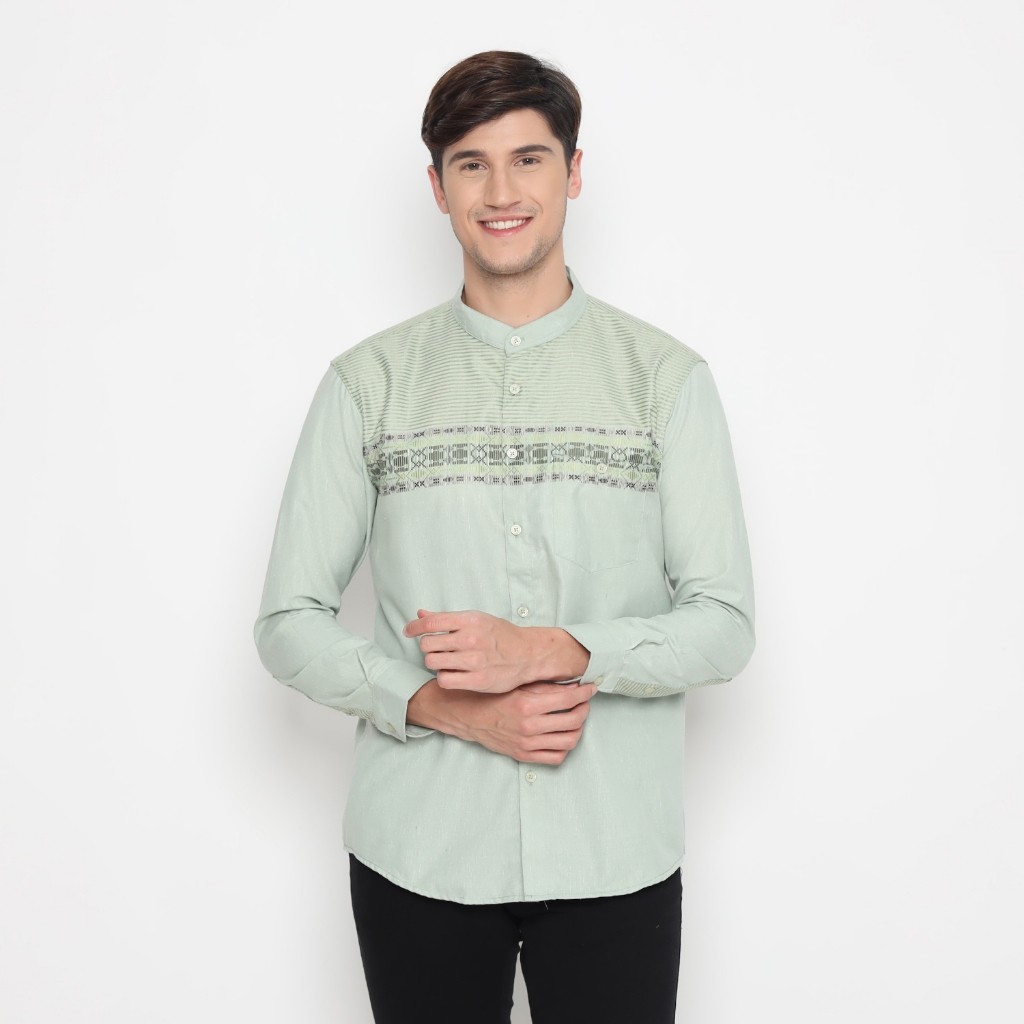 HIJAU KEMEJA Vanfive ผู้ชาย Koko Kemko เสื้อ Modern Fit Long Sage สีเขียว B1421