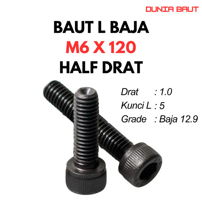 12.9 Steel L Bolt M6X120 / 6X120 / M6 X 120 / 6 X 120 HT - สกรูหัวจมหกเหลี่ยมสีดํา