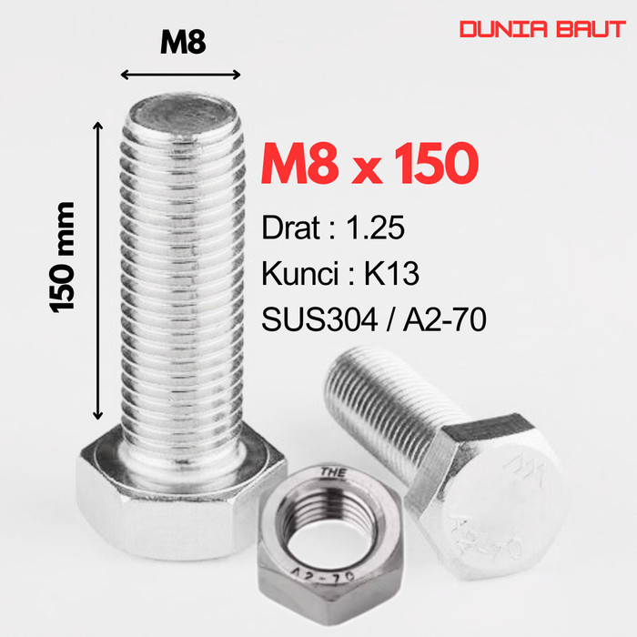 กลอนหกเหลี่ยมสแตนเลส M8X150 - กลอนหกเหลี่ยม 8X150 / M8 X 150 / 8 X 150 SS304 / SUS304 / A2-70 ด้ายเต