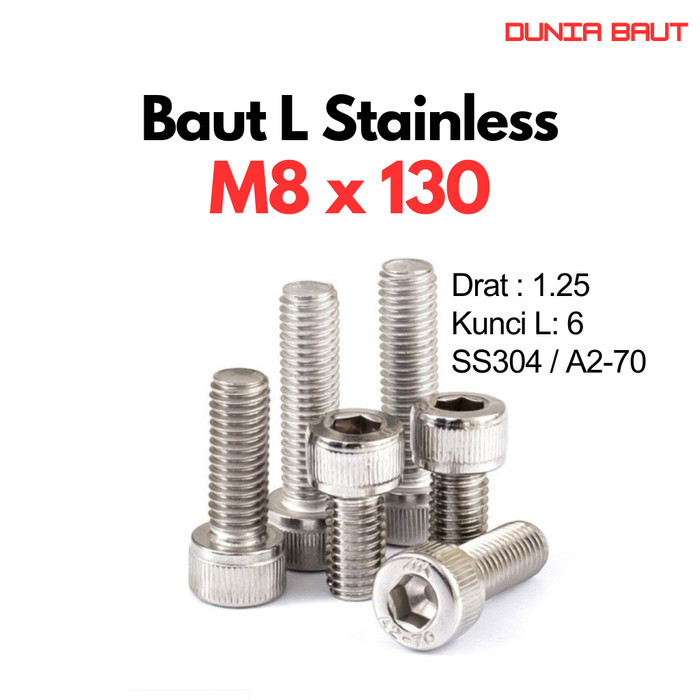 DIN 912-1983 สแตนเลสสตีล L Bolt M8X130 / 8X130 / M8 X 130 / 8 X 130 ด้ายเต็ม SS304 / SUS304 / A2-70 