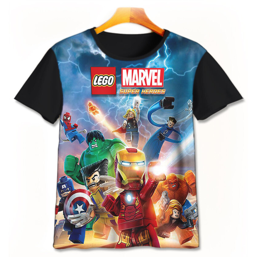 เสื้อยืดเด็ก 3D การ์ตูน Lego Marvel Superheroes v3 เสื้อผ้าสําหรับชายหญิงอายุ 1-12 ปี