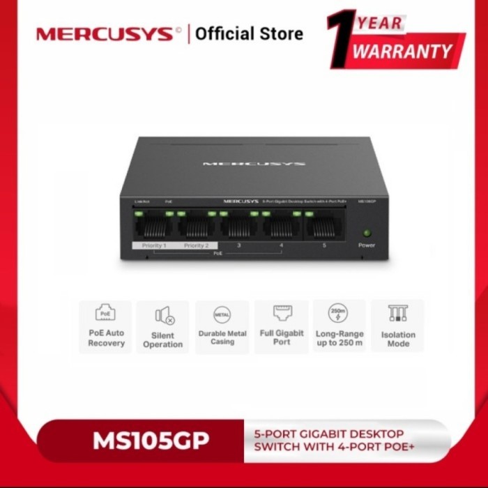 Switch POE Mercusys - MS105GP Gigabit Desktop Switch 4 Port Poe+