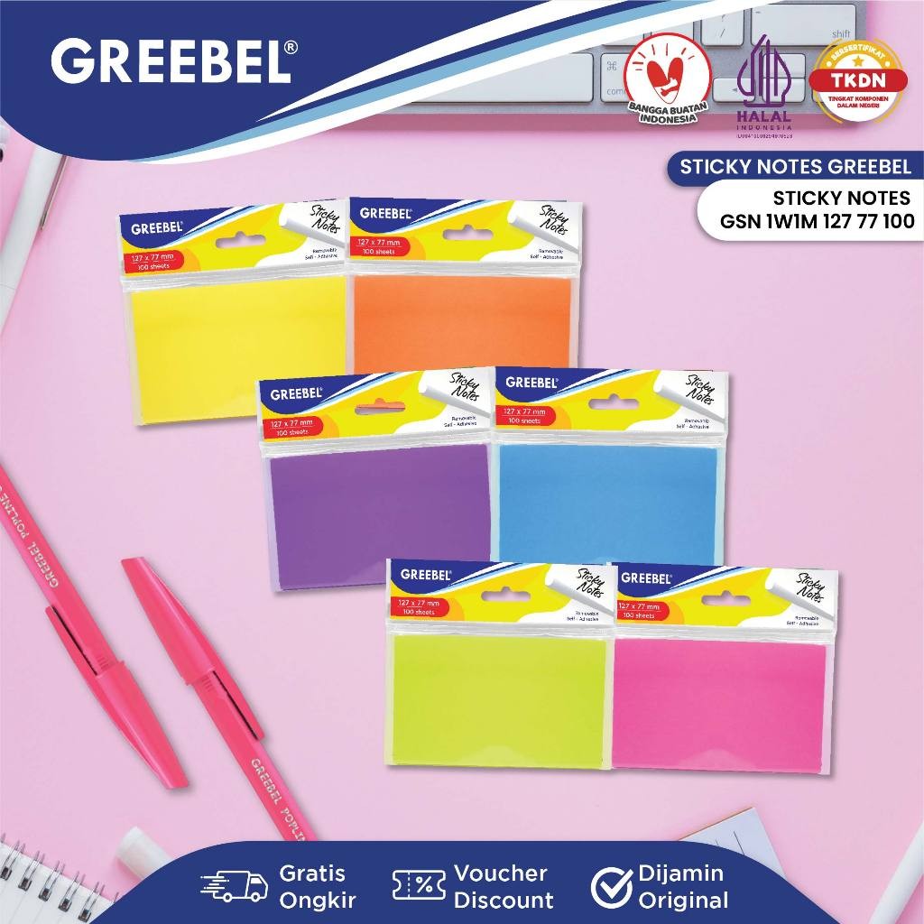 GREEBEL Memo Stick Sticky Notes 1 สี 100 แผ่น / กระดาษบันทึกเหนียว GSN 1W1M 127 77 100