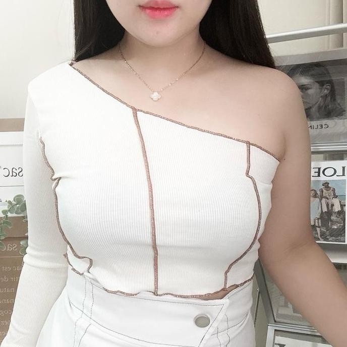 (ผู้เชี่ยวชาญ) เสื้อถักไหล่เดียว Haerin | เสื้อครอปสตรีแฟชั่นเกาหลี | มอนขายส่งซี่โครงยาว