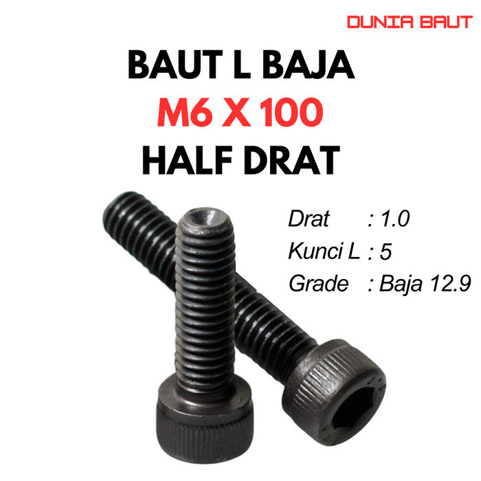 12.9 Steel L Bolt M6X100 / 6X100 / M6 X 100 / 6 X 100 HT - สกรูหัวจมหกเหลี่ยมสีดํา