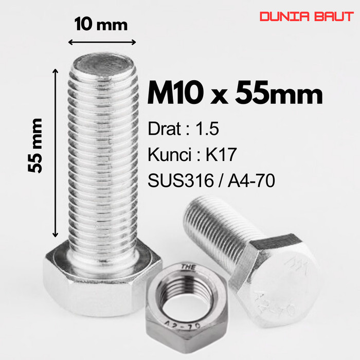 กลอนหกเหลี่ยมสแตนเลส SS316 M10X55 - กลอนหกเหลี่ยม 10X55 / M10 X 55 / 10 X 55 SUS316 / A4-70 ด้ายเต็ม