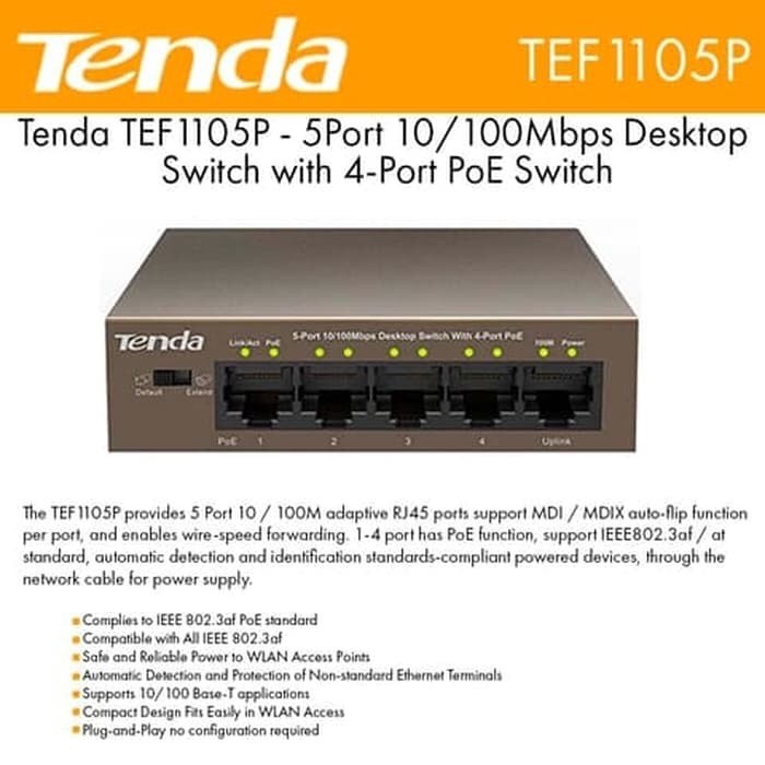 Tenda TEF1105P สวิตช์ 5 พอร์ต 4 POE สวิตช์กล้องวงจรปิด POE