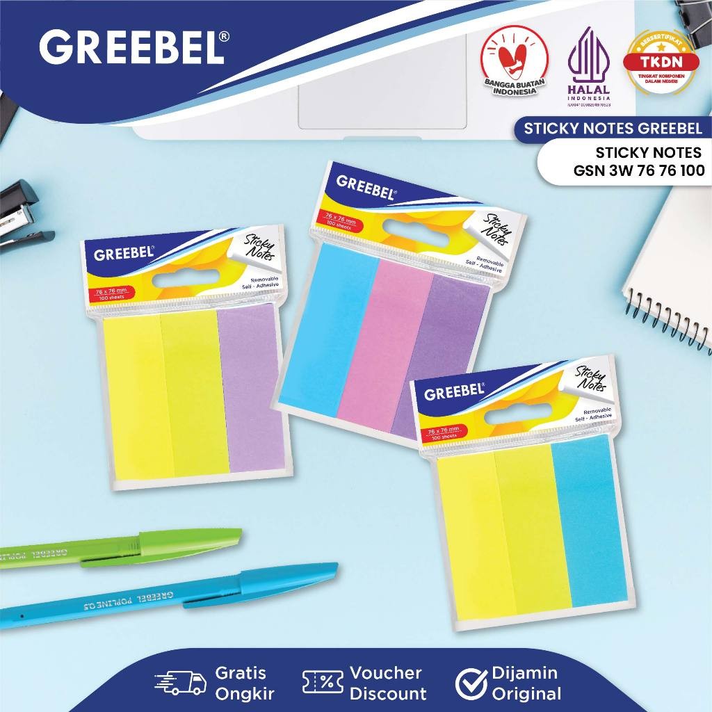 GREEBEL Memo Sticky Notes 1 ชุด 3 สี 100 แผ่น [GSN 3W 7676100] บันทึกเครื่องหมาย