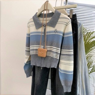 atasan kardigan rajutan bergaris/sweter biru