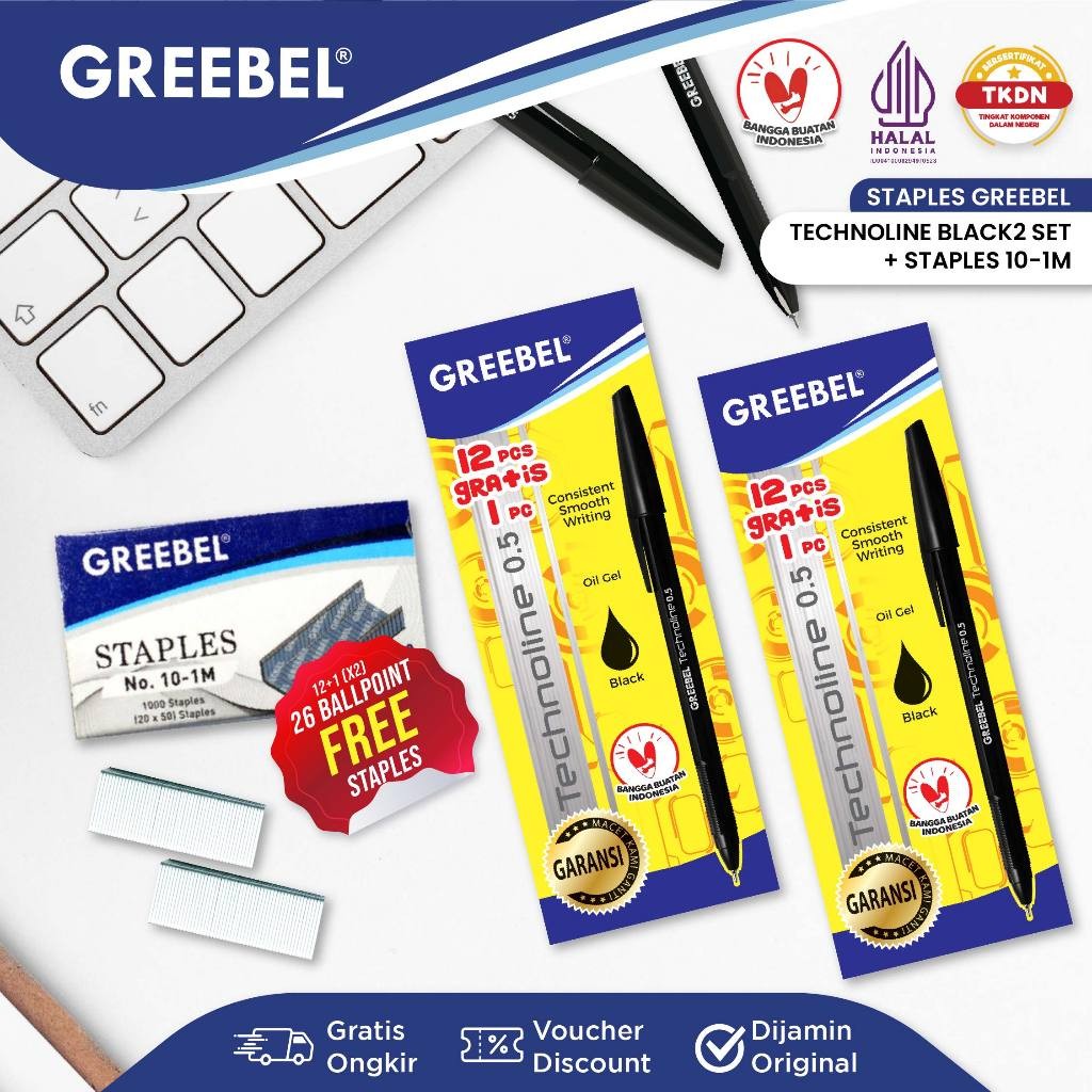 ปากกาลูกลื่น GREEBEL 2 โหล Technoline + แถมลวดเย็บกระดาษ 10-1M - (TECHNOLINE 2 SET + 10-1M STAPLES)