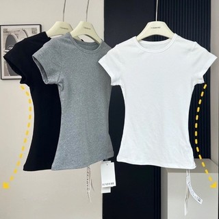 Kaos Rajut Rib/Kaos Rajut Warna Polos Slim-fit/Kaos Leher Bulat Abu-abu