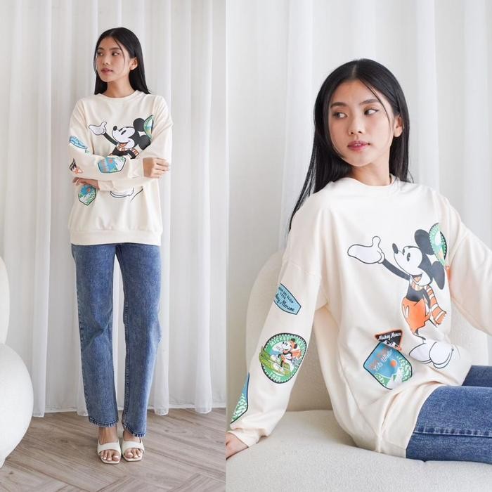 Mikei Stamp เสื้อสเวตเตอร์ผู้หญิงแบบยาวพร้อมครีม Crewneck Oversize เกาหลีผสมด้านบน