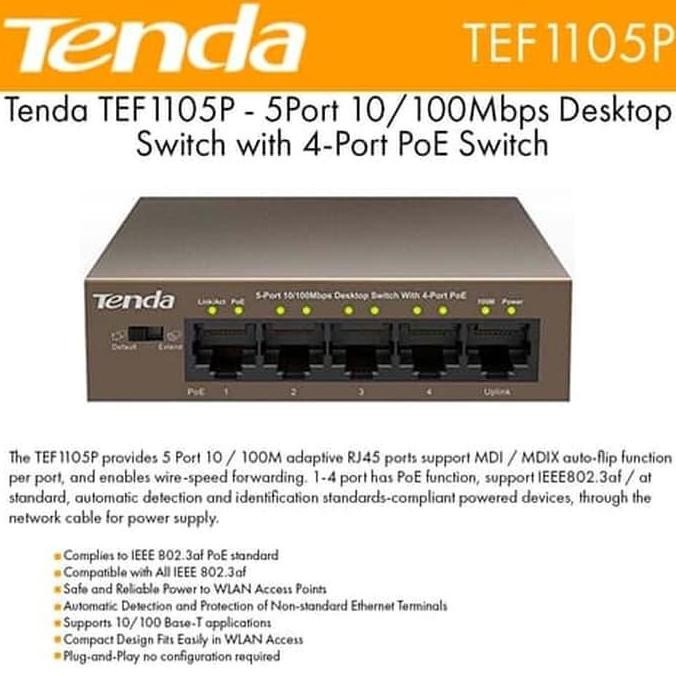 ใหม่ Tenda TEF1105P สวิตช์ 5 พอร์ต 4 POE สวิตช์กล้องวงจรปิด POE