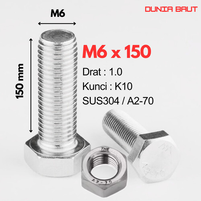 กลอนหกเหลี่ยมสแตนเลส M6X150 - กลอนหกเหลี่ยม 6X150 / M6 X 150 / 6 X 150 SS304 / SUS304 / A2-70 ด้ายเต
