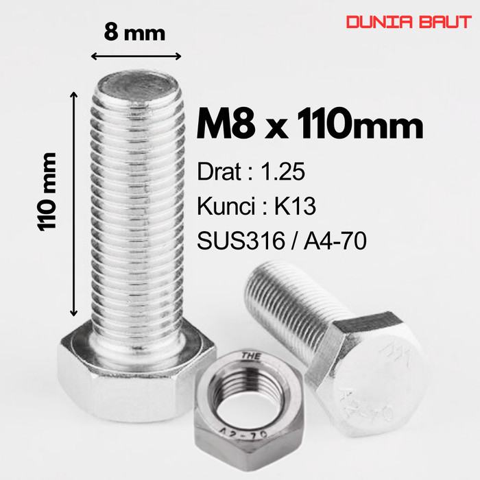 กลอนหกเหลี่ยมสแตนเลส SS316 M8X110 - กลอนหกเหลี่ยม 8X110 / M8 X 110 / 8 X 110 SUS316 / A4-70 ด้ายเต็ม