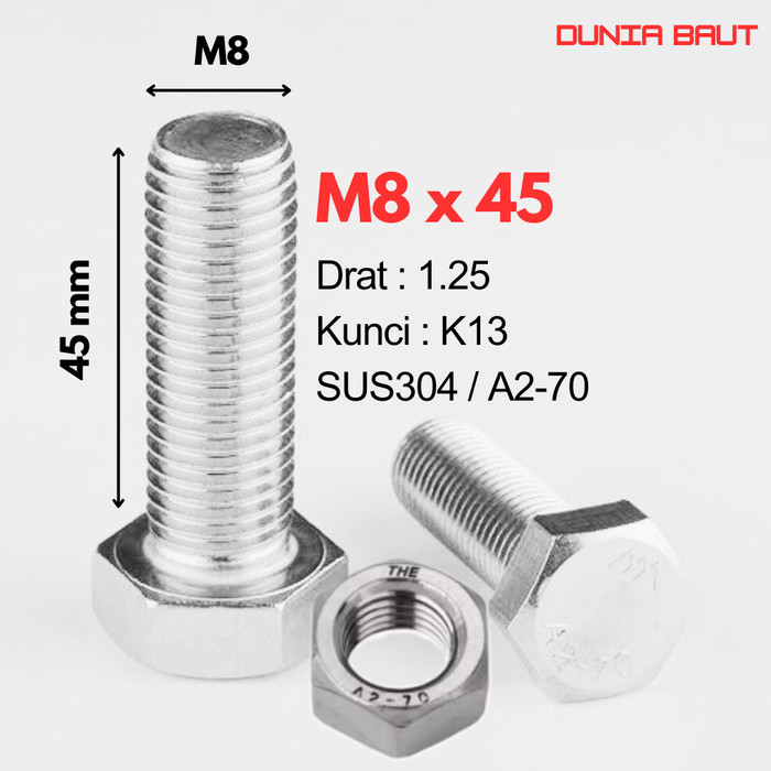 กลอนหกเหลี่ยมสแตนเลส M8X45 - กลอนหกเหลี่ยม 8X45 / M8 X 45 / 8 X 45 SS304 / SUS304 / A2-70 ด้ายเต็ม