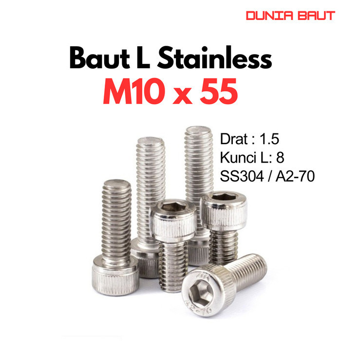 DIN 912-1983 สแตนเลสสตีล L Bolt M10X55 / 10X55 / M10 X 55 / 10 X 55 ด้ายเต็ม SS304 / SUS304 / A2-70 