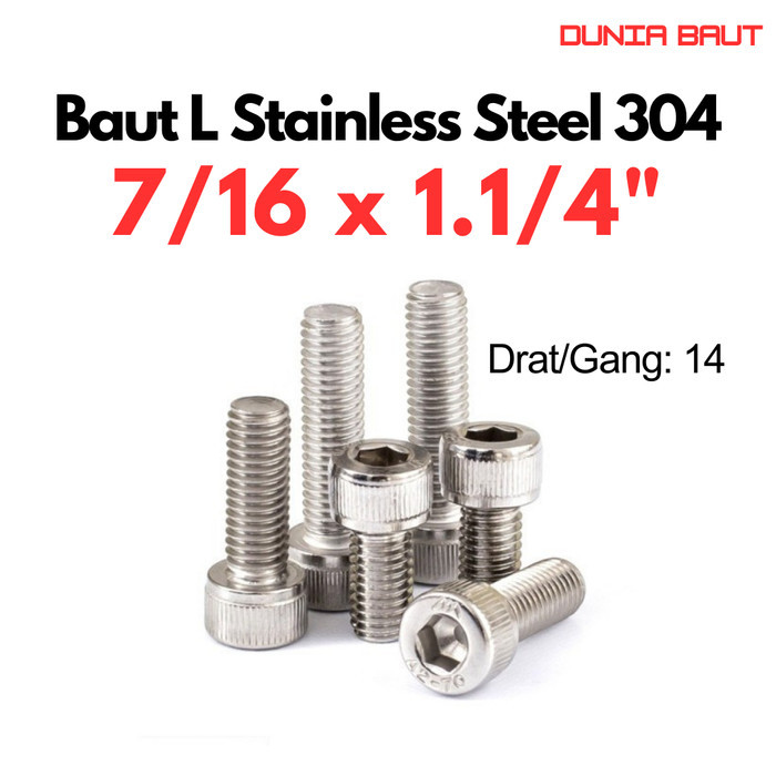 DIN 912-1983 สลักเกลียว L สแตนเลส 7/16 X 1. 1/4 / Bolt L 7/16X1. 1/4 ด้ายเต็ม SS304 / SUS304 / A2-70