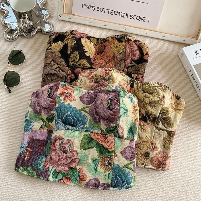 Onefashionmall Br205 Top Vintage Floral Premium Sabrina Kemben Lace Vest V คอ Crop Top Fit