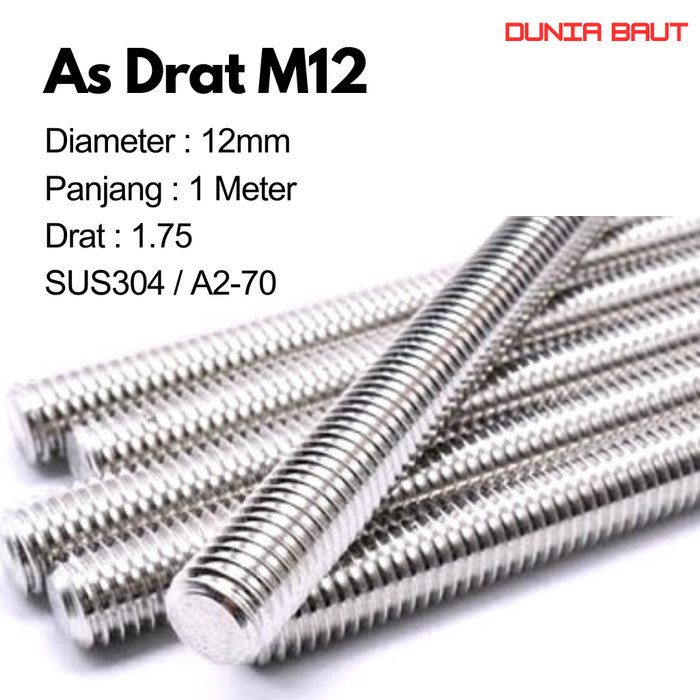 Asdrat M12 / ด้ายยาว M12 / Stud bolt M12 / ด้าย As M12 x 1 เมตร สแตนเลส SS304/SUS304/A2-70