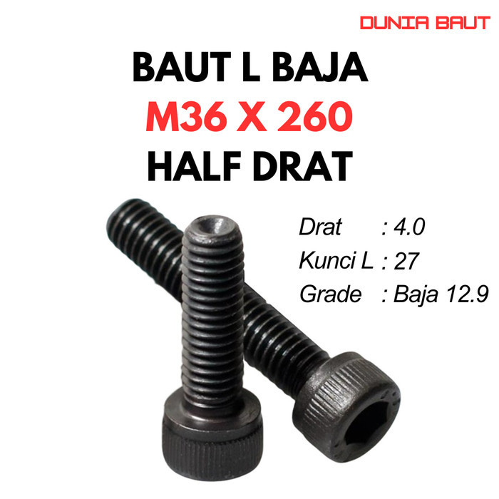 12.9 Steel L Bolt M36X260 / 36X260 / M36 X 260 / 36 X 260 HT - สกรูหัวจมหกเหลี่ยมสีดํา
