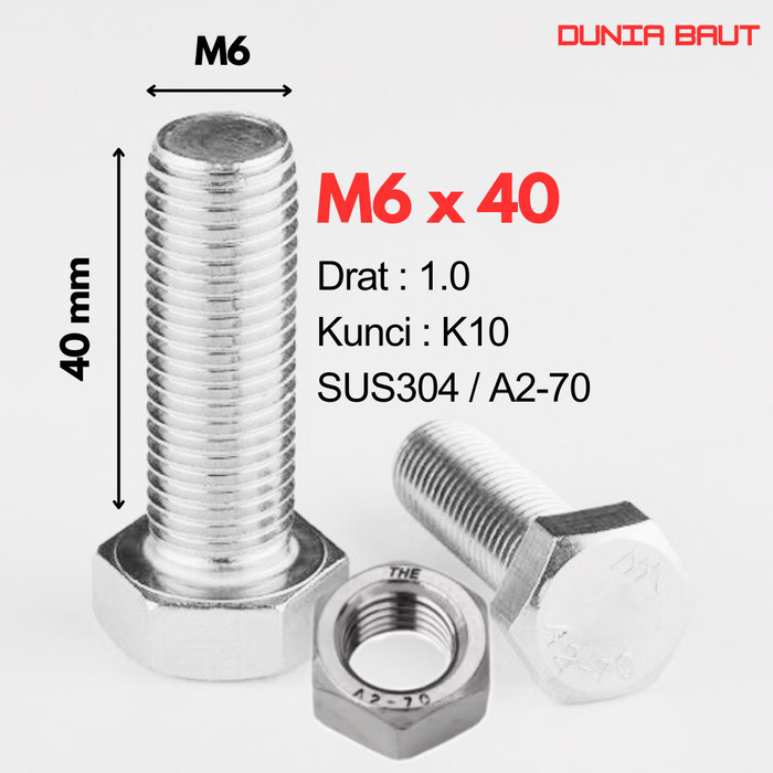 กลอนหกเหลี่ยมสแตนเลส M6X40 - กลอนหกเหลี่ยม 6X40 / M6 X 40 / 6 X 40 SS304 / SUS304 / A2-70 ด้ายเต็ม
