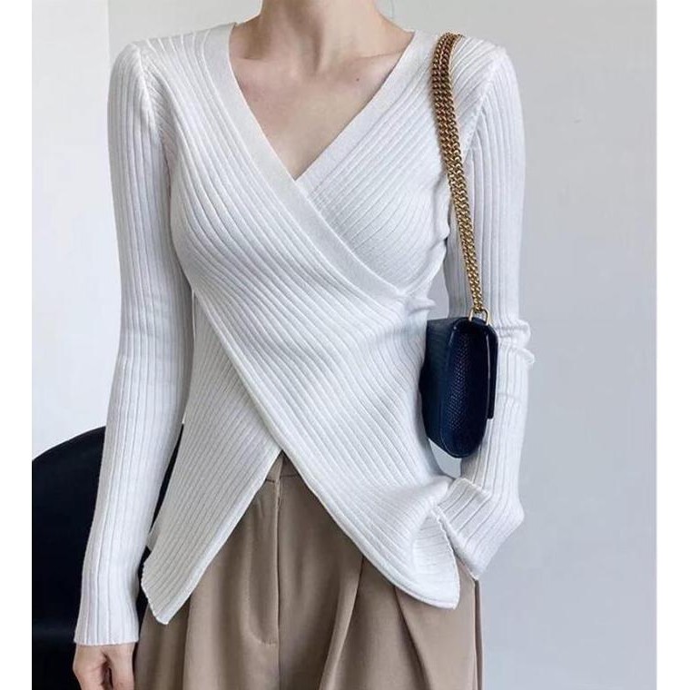 Available JISOO BLOUSE WOMENS Top ELEGANT OUTFIT KNITTED MATERIAL NTR เสื้อไหมพรมนุ่มสบายยาว Basic T