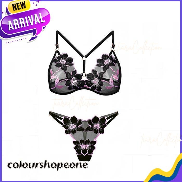 ผู้หญิง LINGERIE SET V-NECK BRA LACE EMBROIDERY FLOWER BRA G STRING B063 HIGHT CLASS !!